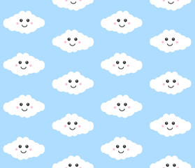 Vector seamless pattern of flat cartoon kawaii cloud with face isolated on blue background