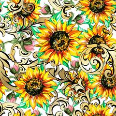 Fototapeta na wymiar Sunflowers with poppies acanthus Seamless pattern 