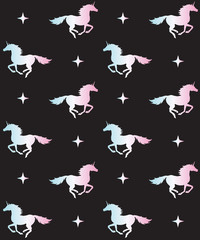 Vector seamless pattern of holographic unicorn silhouette and stars isolated on black background