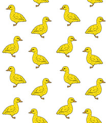 Vector seamless pattern of hand drawn doodle sketch yellow baby duckling duck isolated on white background
