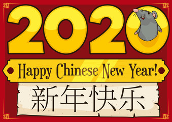Cute Rat, Golden Sign and Scroll for Chinese New Year, Vector Illustration