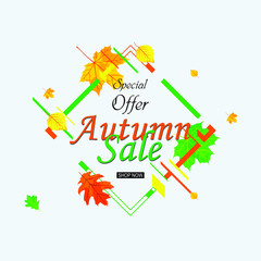 Autumn sale vector banner design, label, ribbon, colorful leaves background for sale discount and promo.