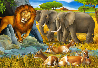 Fototapeta na wymiar cartoon scene with elephant antelope and lion on the meadow resting illustration for children