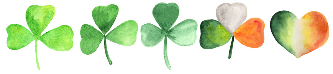Watercolor set of green leaves of clover, hearts coloring Irish flag. Raster illustration for prints, clipart. St. Patrick's Day Symbols.