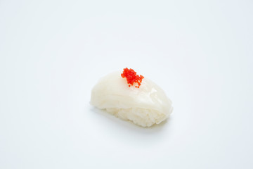 Obraz na płótnie Canvas Japanese Sushi - Ika Nigiri Sushi (Squid Sushi) on White Background