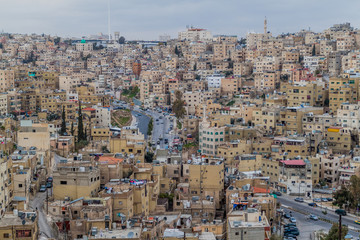 Skyline of Amman with houses on steep slopes, Jordan.