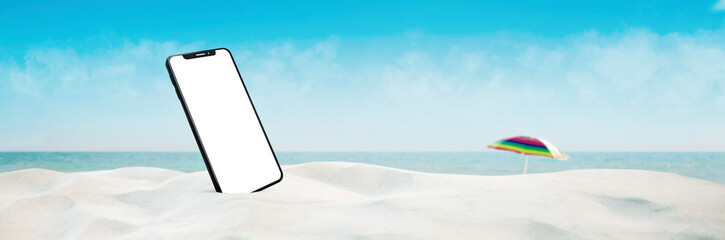 concept - cell phone on the beach with white screen - easy modification