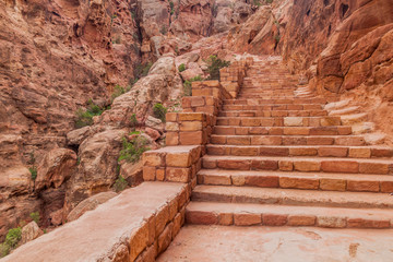 Stairway at Al Khubtha trail in the ancient city Petra, Jordan