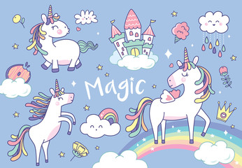 Set of cute unicorns and magical elements
