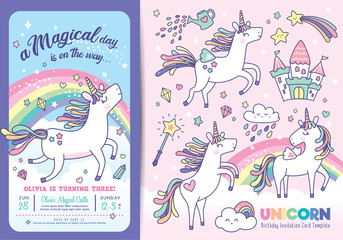 Birthday party invitation card template with cute little unicorns, rainbow and magical elements 