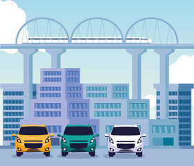 Cars on the street in front of buildings vector design
