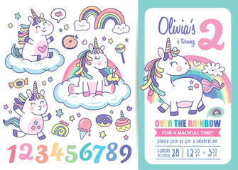 Kids birthday party invitation card template with cute little unicorns, rainbows, magical elements and birthday anniversary numbers