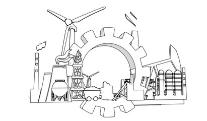 Energy and power industrial concept. Energy generation and heavy industry. 3D rendering. Thin line style