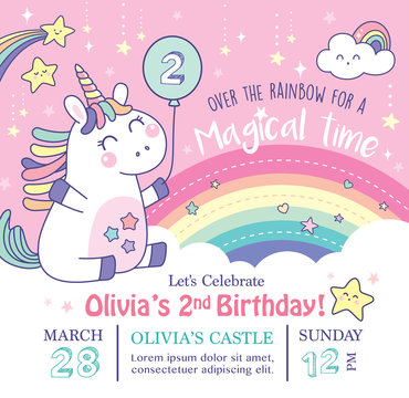 Birthday party invitation card template with a cute little unicorn and rainbow background