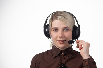 Support phone operator in headset, isolated on white.