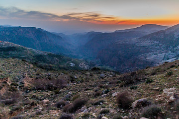 Sunset at  Wadi Dana canyon in Dana Biosphere Reserve, Jordan