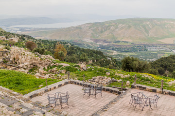 Fototapeta na wymiar View of the Sea of Galilee and the Golan Heights from the ruins of Umm Qais, Jordan