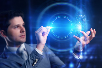 Business, technology, internet and networking concept - businessman pressing button with contact on virtual screens