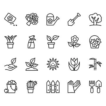 Set of flowers and gardening Related Vector Lines Icons. Contains icons such as sunflowers, cactus flowers, scopes, gloves and more.