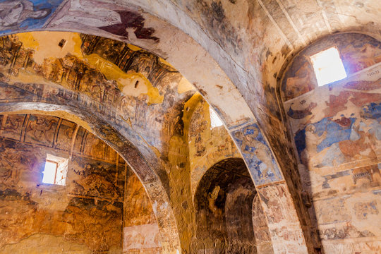 QUSAYR AMRA, JORDAN - APRIL 3, 2017: Frescoes in Qusayr Amra (sometimes Quseir Amra or Qasr Amra), one of the desert castles located in eastern Jordan