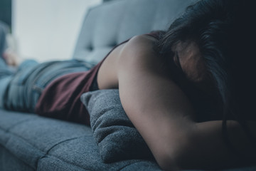 Naklejka premium panic attacks alone young woman sad fear stressful depressed emotion.crying begging help.stop abusing domestic violence,person with health anxiety,people bad frustrated exhausted feeling down