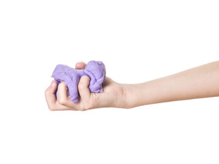 The child's right hand clutches a purple slime isolated on a white background.