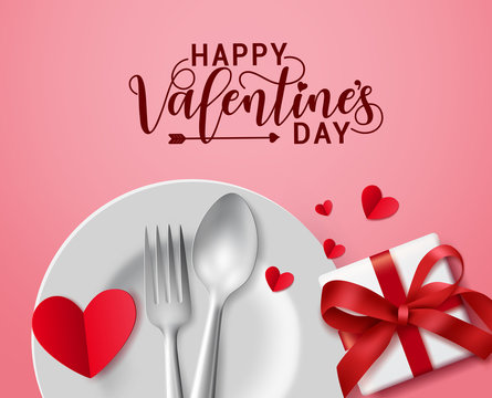 Happy Valentines Day Romantic Date Vector Concept. Valentines Day Greeting Text With Romantic Date Elements Like Spoon, Fork, Plate And Gifts For Valentines Day In Red Background. Vector Illustration.