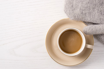 From God's Perspective, Coffee Placed on White Wooden Desktop