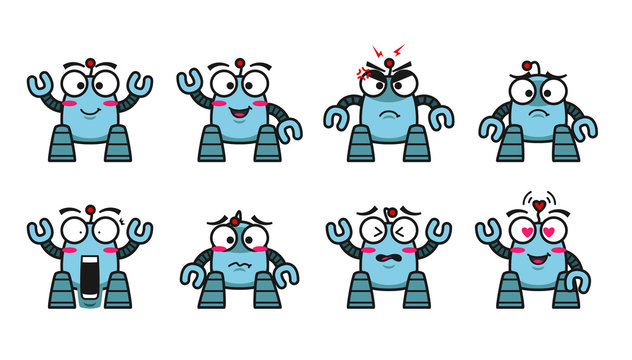 blue robot character mascot cute emoji emotion expression vector collection set