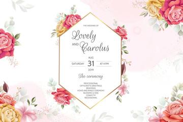 Elegant watercolor wedding invitation card template set with beautiful floral and leaves