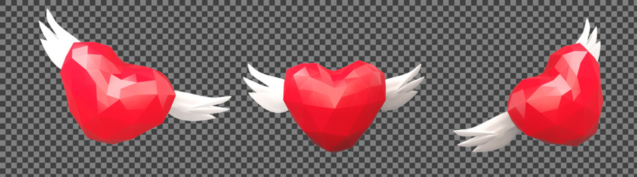 Red heart and white wings, low poly 3D render illustration object on transparent background isolated, clipping path, decorative element in Valentine, birthday or party for card, game or banner design
