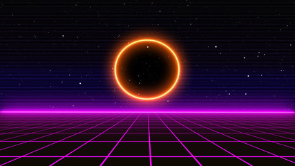 Retro cyberpunk style 80s Sci-Fi Background Futuristic with laser grid landscape. Digital cyber surface style of the 1980`s. 3D illustration
