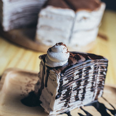 Chocolate cake on Wood plate,Desert food background