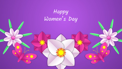 Obraz na płótnie Canvas Happy women's day background with flower, leaf, butterfly paper cut 3d floral decoration in pink, purple and white color