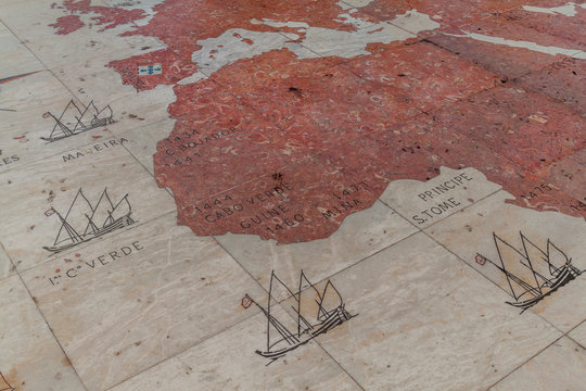 LISBON, PORTUGAL - OCTOBER 11, 2017: Map of discoveries at the Padrao dos Descobrimentos (Discoveries Monument) in Lisbon, Portugal