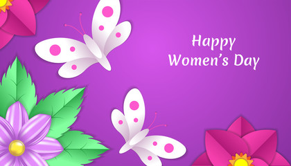 Happy women's day background with flower, leaf, butterfly paper cut 3d floral decoration in pink, purple and white color