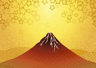 赤富士と桜のイラスト-金屏風イメージ背景テクスチャ