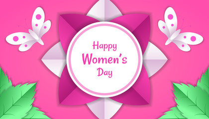 Happy women's day background with flower, butterfly paper cut 3d floral decoration in pink and white color