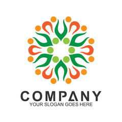 community care vector, people group, social relationship icon, charity symbol, human caring, kids and adoption logo, people teamwork, colorful and circular people logo design template