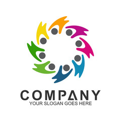 community care vector, people group, social relationship icon, charity symbol, human caring, kids and adoption logo, people teamwork, colorful and circular people logo design template