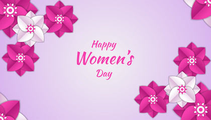 Happy women's day background with flower paper cut 3d floral decoration in pink and white color