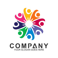 community care vector, people group, social relationship icon, charity symbol, human caring, kids and adoption logo, people teamwork, colorful and circular people logo design template