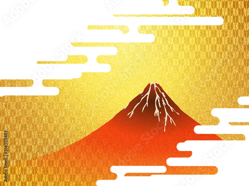 赤富士と工雲のイラスト 金屏風イメージ背景テクスチャ Asia Canvas Print As Rrice