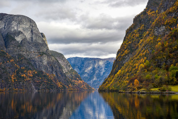 Fototapeta premium Fjord and Mountains in the autumn season that reflect the water. Watch from a boat trip to see the beauty of Sognefjord Cruise, program from Gudvangen to Flam in Norway.