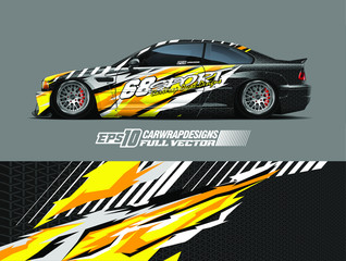 Car wrap graphic livery design vector. Graphic abstract stripe racing background designs for wrap cargo van, race car, pickup truck, adventure vehicle. Eps 10