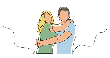 continuous line drawing of happy couple of man and woman hugging each other