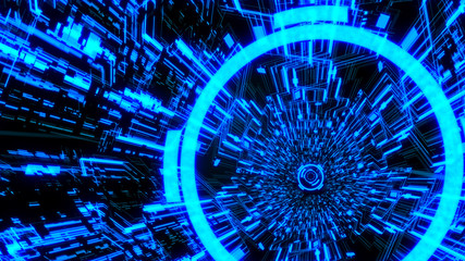 3D Digital Circuit System Tunnels and Waves with Digital Circles in the middle in Blue color theme Background Ver.5