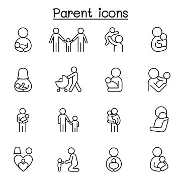 Parent & family icons set in thin line style