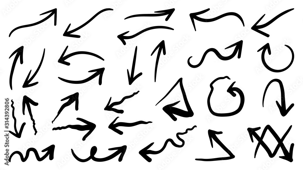 Aufkleber arrows hand drawn vector set. sketch arrow design for application, banner, print screen, pen marks, 
