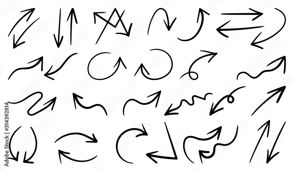 Aufkleber arrows hand drawn vector set. sketch arrow design for application, banner, print screen, pen marks, 